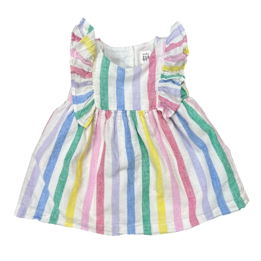 Baby Gap Kids 6-12M Linen Cotton Pastel Stripe Ruffle Sleeve Dress Coastal